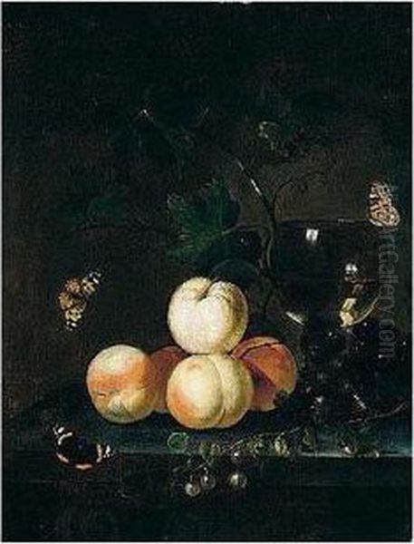 Still Life Of Peaches, Grapes, 
Vine Leaves And A Roemer, Arranged Upon A Stone Table Top, Together With
 Red Admiral Butterflies Oil Painting by Abraham Van Calraet