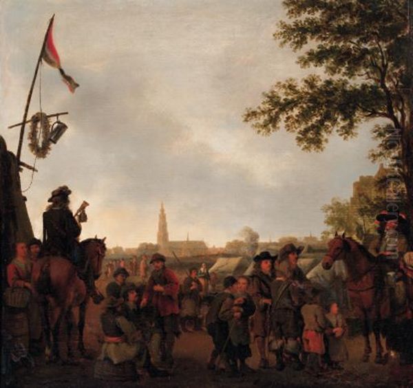 Officers And Townsfolk At An Encampment Outside Breda Oil Painting by Abraham Van Calraet