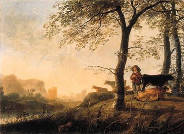 An Evening River Landscape With A
 Cowherd And Cows By The Edge Of Acopse, A Bridge And Ruins Beyond Oil Painting by Abraham Van Calraet