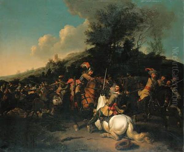 A Cavalry Skirmish Oil Painting by Abraham Van Calraet