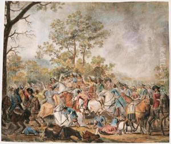 A Battle Scene. Oil Painting by Barend Van Kalraet