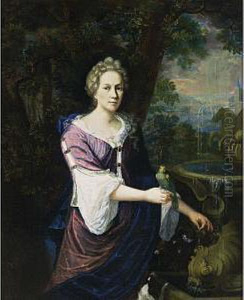 A Portrait Of A Lady, Standing 
Three-quarter Length Near A Fountain, Wearing A Purple Dress With White 
Undergarment And A Blue Shawl, Holding A Parrot On Her Right Hand And A 
Bunch Of Flowers In Her Left Hand, A Dog In The Foreground Oil Painting by Barend Van Kalraet