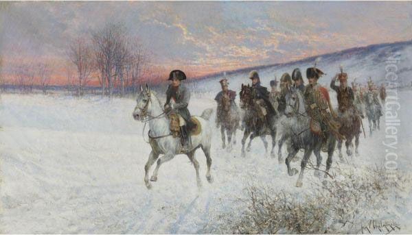 Napoleon And Officers Crossing A Snowy Field Oil Painting by Jan van Chelminski