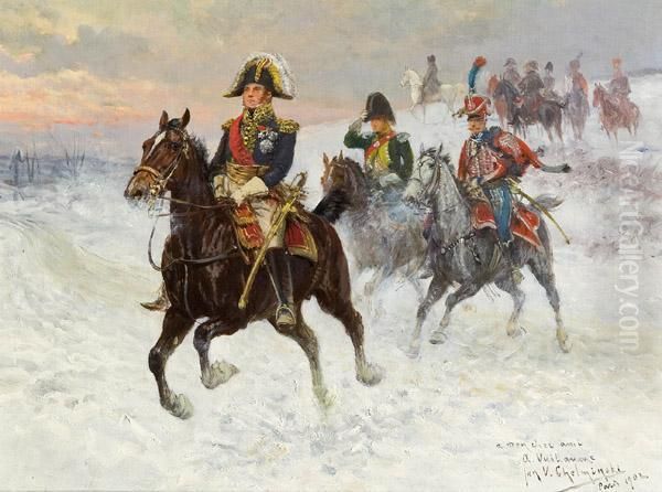 Marschall Ney Und Napoleon Mit Ihren Truppen Wahrend Des Russlandfeldzuges Oil Painting by Jan van Chelminski