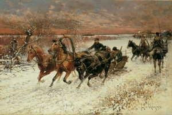 Russische Winterlandschaft Mit 
Kosakengespannen. Signiert Unten Rechts: Jan V. Chelminski. Ol Auf 
Leinwand (doubliert). H 51; B 76 Cm. Oil Painting by Jan van Chelminski