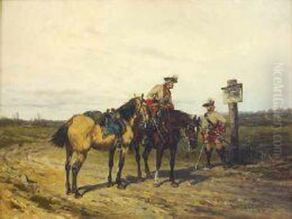 Soldiers Reading A Roadside Notice Oil Painting by Jan van Chelminski