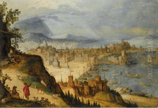 A Panoramic View Of An Imaginary City, With Travellers Resting In The Foreground Oil Painting by Hendrick van Cleve