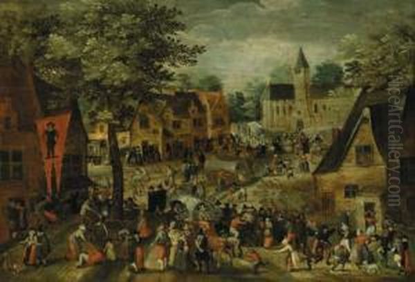 Villagers In Town On Market Day Oil Painting by Marten Van Cleve