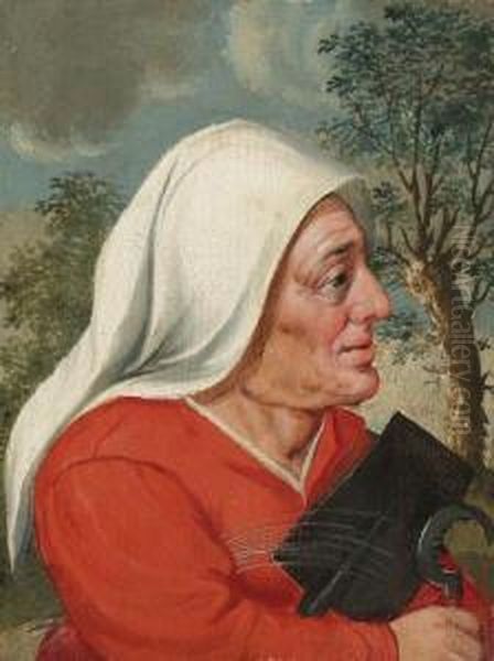 A Peasant Woman, Half-length, With A Sickle And Spade Oil Painting by Marten Van Cleve