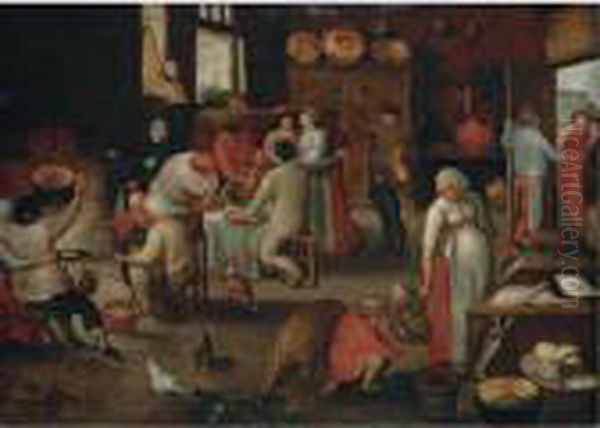 A Domestic Interior With Mary And Joseph Refused Entry At The Door Oil Painting by Marten Van Cleve