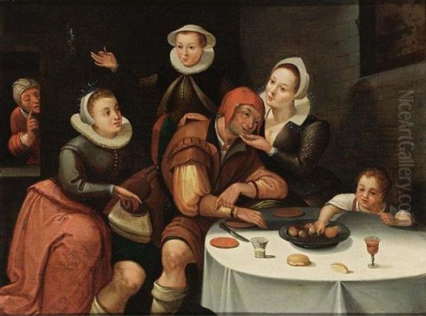 A Peasant Sitting At A Table 
Being Courted And Robbed By Three Young Ladies, An Old Spinster In The 
Background And A Boy Picking Fruit From The Table Oil Painting by Marten Van Cleve