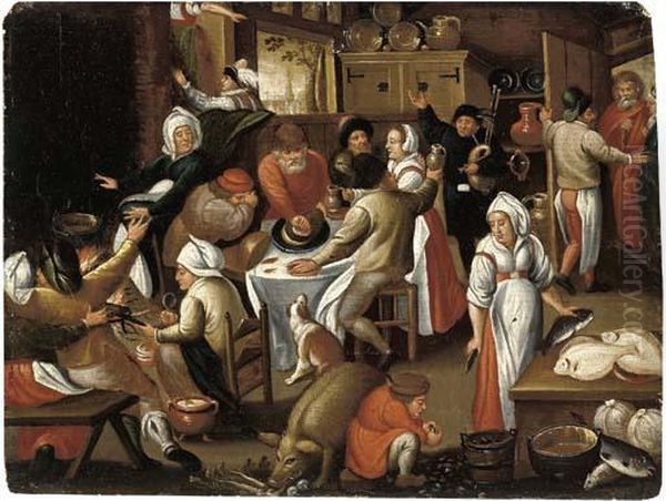 Peasants Feasting And Making Music In An Inn Oil Painting by Marten Van Cleve