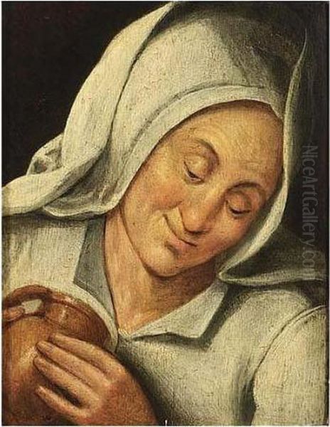 A Peasant Woman Holding A Jug Oil Painting by Marten Van Cleve