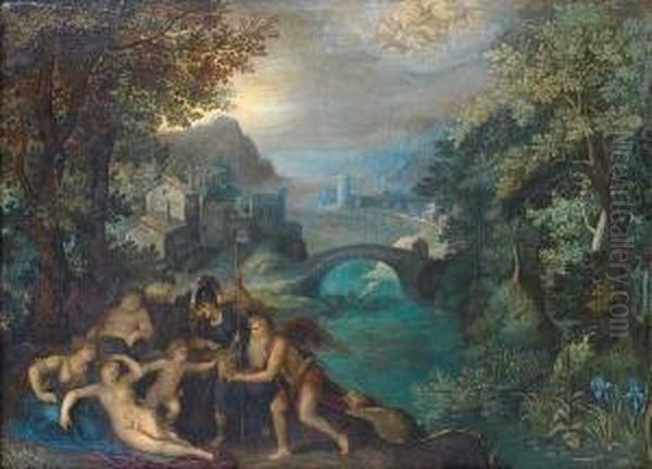 Chronus And Minerva Offering 
Gifts To Venus,with Bacchus And Ceres Before An Open Landscape Oil Painting by Gillis van Coninxloo