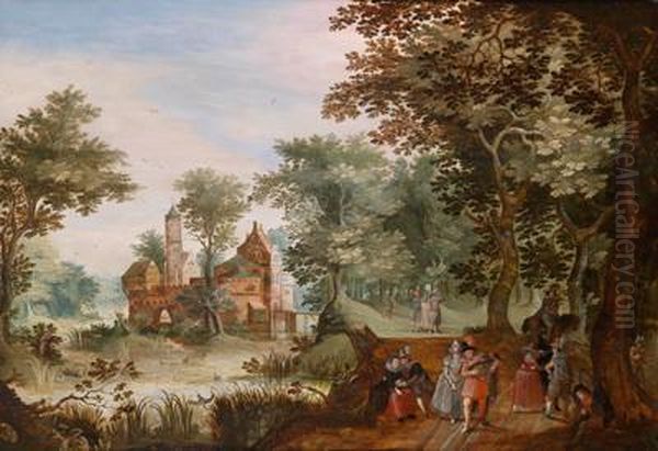 Bewaldete Landschaft Mit Einem Kastell Und Einer Elegantengesellschaft Im Freien Oil Painting by Gillis van Coninxloo