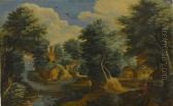 Extensive Landscape With Figures On A Track, And Figures In A Punt Oil Painting by Gillis van Coninxloo