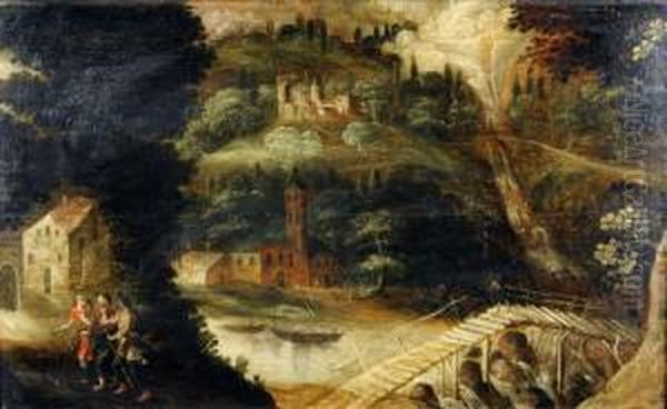 Paysage Avec Figures Et Batiments. Oil Painting by Gillis van Coninxloo