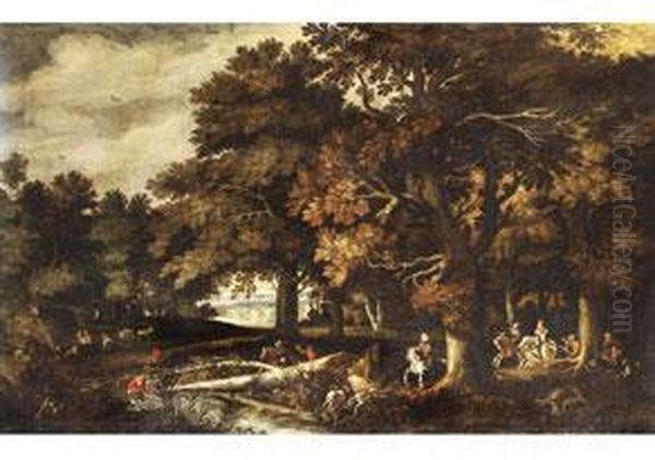 Herbstliche Waldlandschaft Mit Jagdreitern Oil Painting by Gillis van Coninxloo