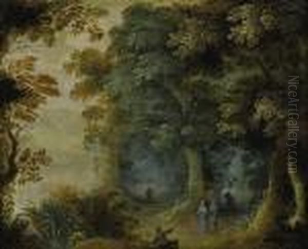 Wooded Landscape With Hunter And Figures Strolling Oil Painting by Gillis van Coninxloo