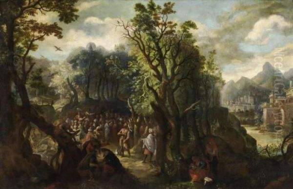 John The Baptist Preaching In The Woods Oil Painting by Gillis van Coninxloo