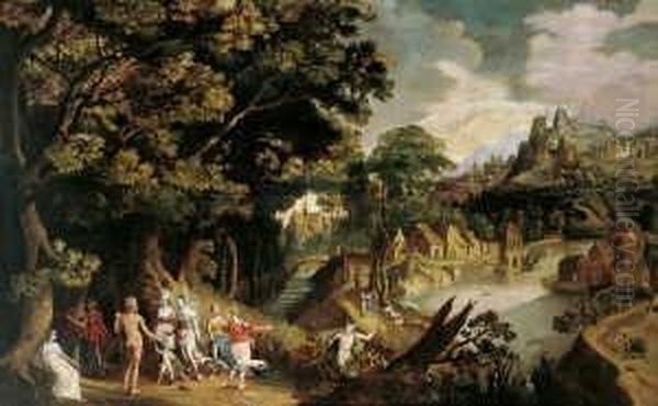 Weite Landschaft Mit Dem Urteil Des Paris. Ol Auf Leinwand (doubliert). H 160; B 240 Oil Painting by Gillis van Coninxloo