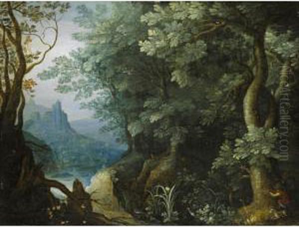 Huntsmen At The Edge Of A Forest A River And Hilltop 			Castle Beyond Oil Painting by Gillis van Coninxloo