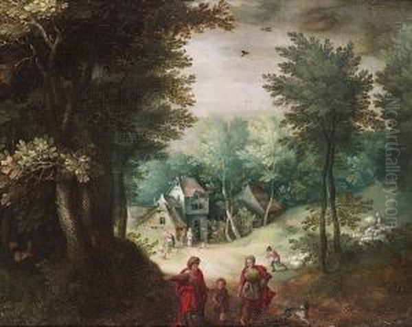 A Wooded Landscape With Tobias And His Parents Oil Painting by Gillis van Coninxloo