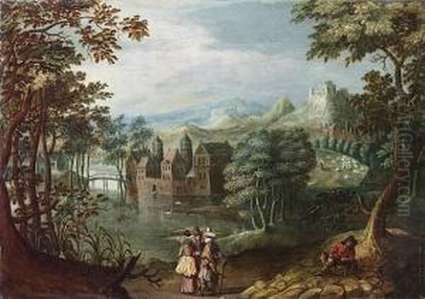 A Wooded River Landscape With 
Elegant Figures Conversing On A Track With A Traveller Resting Beneath A
 Tree, A Manor House Beyond Oil Painting by Gillis van Coninxloo