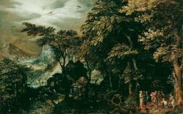 Waldlandschaft Mit Biblischer Staffage (wohl 'christus Und Die Ehebrecherin'). Oil Painting by Gillis van Coninxloo