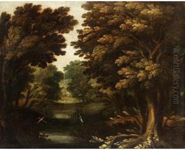 A Wooded Landscape With Two Herons Oil Painting by Gillis van Coninxloo