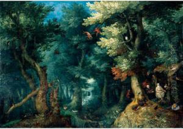 Wooded Landscape With Saints Anthony And Paul The Hermit Assailed By Demons Oil Painting by Gillis van Coninxloo