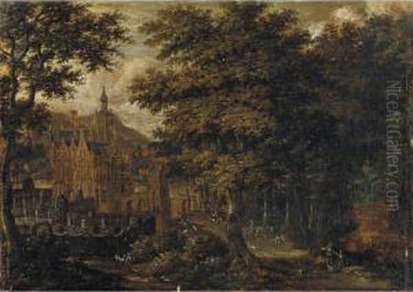 Paesaggio Boscoso Con Castello E Cavalieri Oil Painting by Gillis van Coninxloo