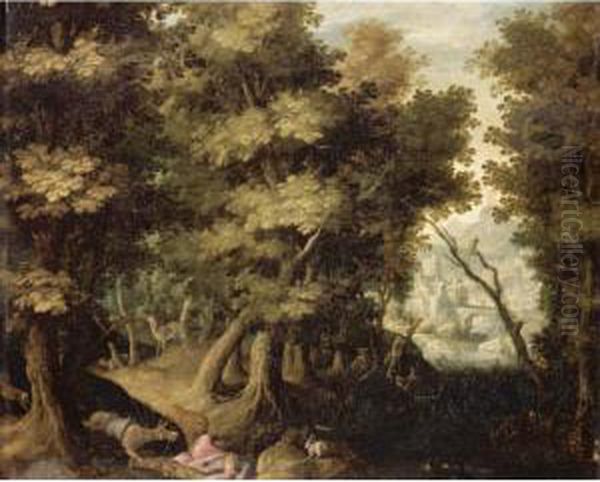 Landscape With The Death Of The Disobedient Prophet Oil Painting by Gillis van Coninxloo