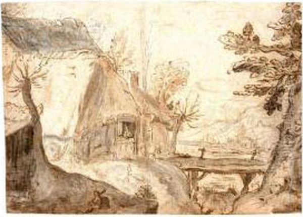 A Rugged River Landscape, With A Thatched House By A Bridge Oil Painting by Gillis van Coninxloo