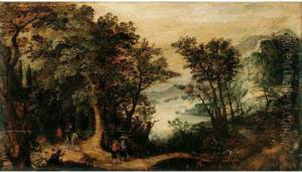 A Wooded Landscape With Hunters And Travellers On A Path Near A Bridge Oil Painting by Gillis van Coninxloo