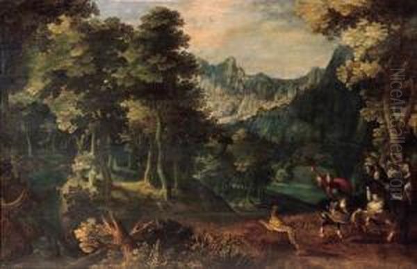 A Tiger Hunt In A Forest, A Valley Beyond Oil Painting by Gillis van Coninxloo