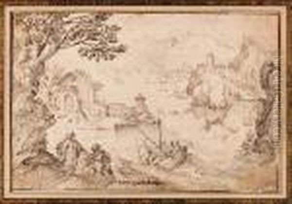 An Extensive Landscape With Christ And Saint Peter Walking On Thewater Oil Painting by Gillis van Coninxloo