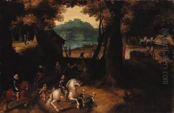 A Wooded Landscape With Maurits,
 Prince Of Orange, On A Grey, Andother Huntsmen And Elegant Company On A
 Path Oil Painting by Gillis van Coninxloo