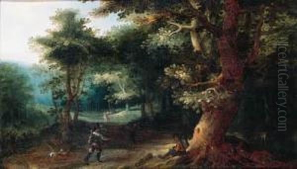 A Sportsman And A Traveller On A Path In The Wood Oil Painting by Gillis van Coninxloo