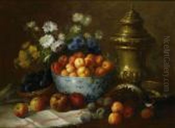 Nature Morte Aux Fruits, Faisans Et Bouquets De Fleurs Oil Painting by Edmond Van Coppenolle