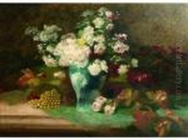 Nature Morte Au Vase De Fleurs Et Grappede Raisins Oil Painting by Edmond Van Coppenolle