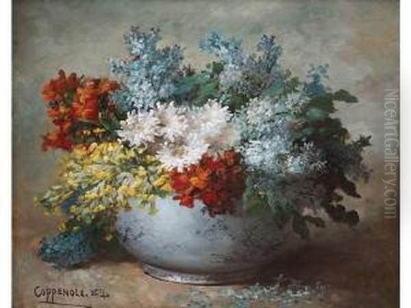 Bouquet De Giroflees, Lilas,marguerites Et Primeveres Dans Un Vase Oil Painting by Edmond Van Coppenolle