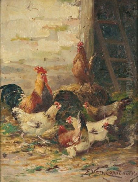  Coqs Et Poules  Oil Painting by Edmond Van Coppenolle