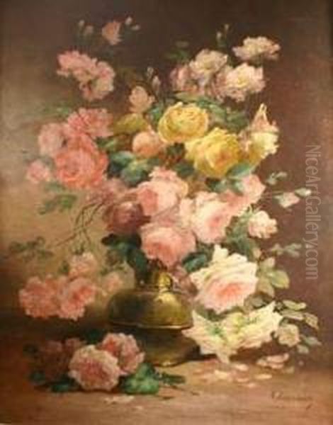 Bouquet De Roses Oil Painting by Edmond Van Coppenolle