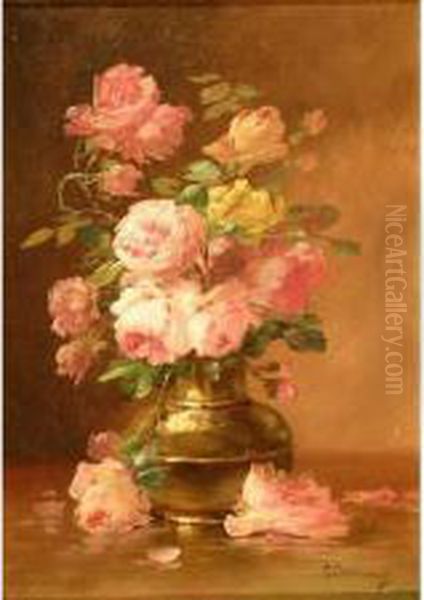 Nature Morte Au Vase De Roses Oil Painting by Edmond Van Coppenolle