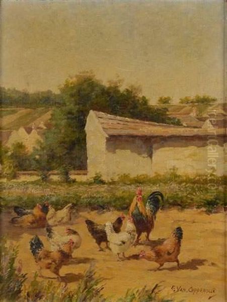 Les Poules Oil Painting by Edmond Van Coppenolle