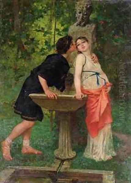 Lovers by a Fountain Oil Painting by Modesto Faustini