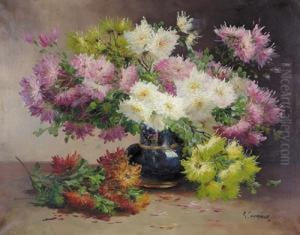 Stillleben Mit Chrysanthemenstrauss In Blauer Vase. Oil Painting by Edmond Van Coppenolle