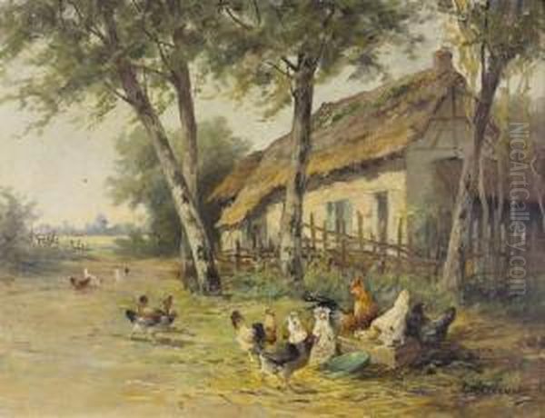 Landschaft Mit Bauernhaus Und Huhnerhof. Oil Painting by Edmond Van Coppenolle