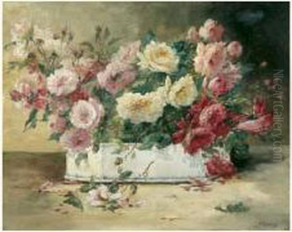 Bouquet De Pivoines Et De Roses Sauvages Oil Painting by Edmond Van Coppenolle